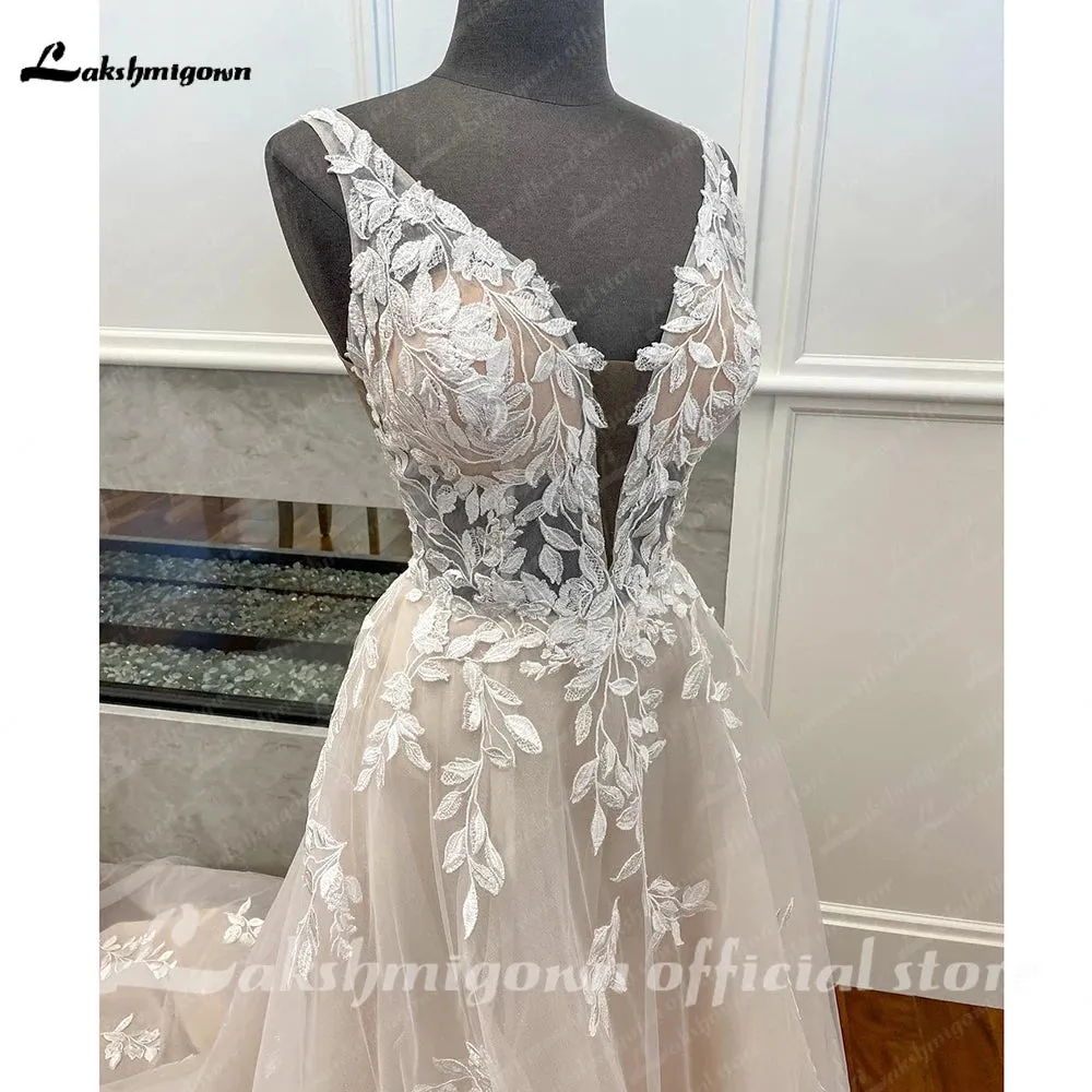 Light Champagne Boho Wedding Dress 2023 Lace Appliques Tulle Long Bridal Beach Wedding Gowns vestido de casamento princesa