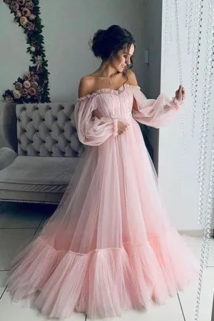 Light Pink Long Sleeves Prom Boho Off the Shoulder Beach Wedding Dresses