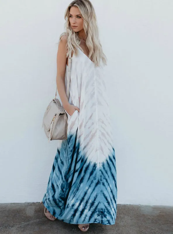 Long Dress Boho Style O Neck Pockets Loose Dress