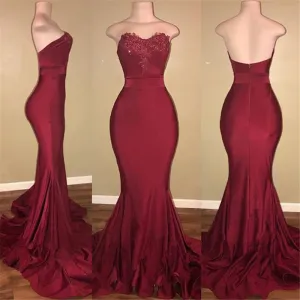 Long Mermaid Strapless Burgundy Prom Dresses