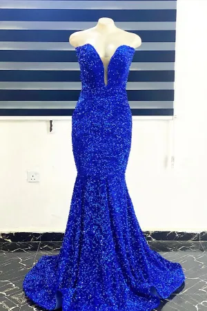 Long Strapless Sequin Formal Dress Royal Blue Mermaid