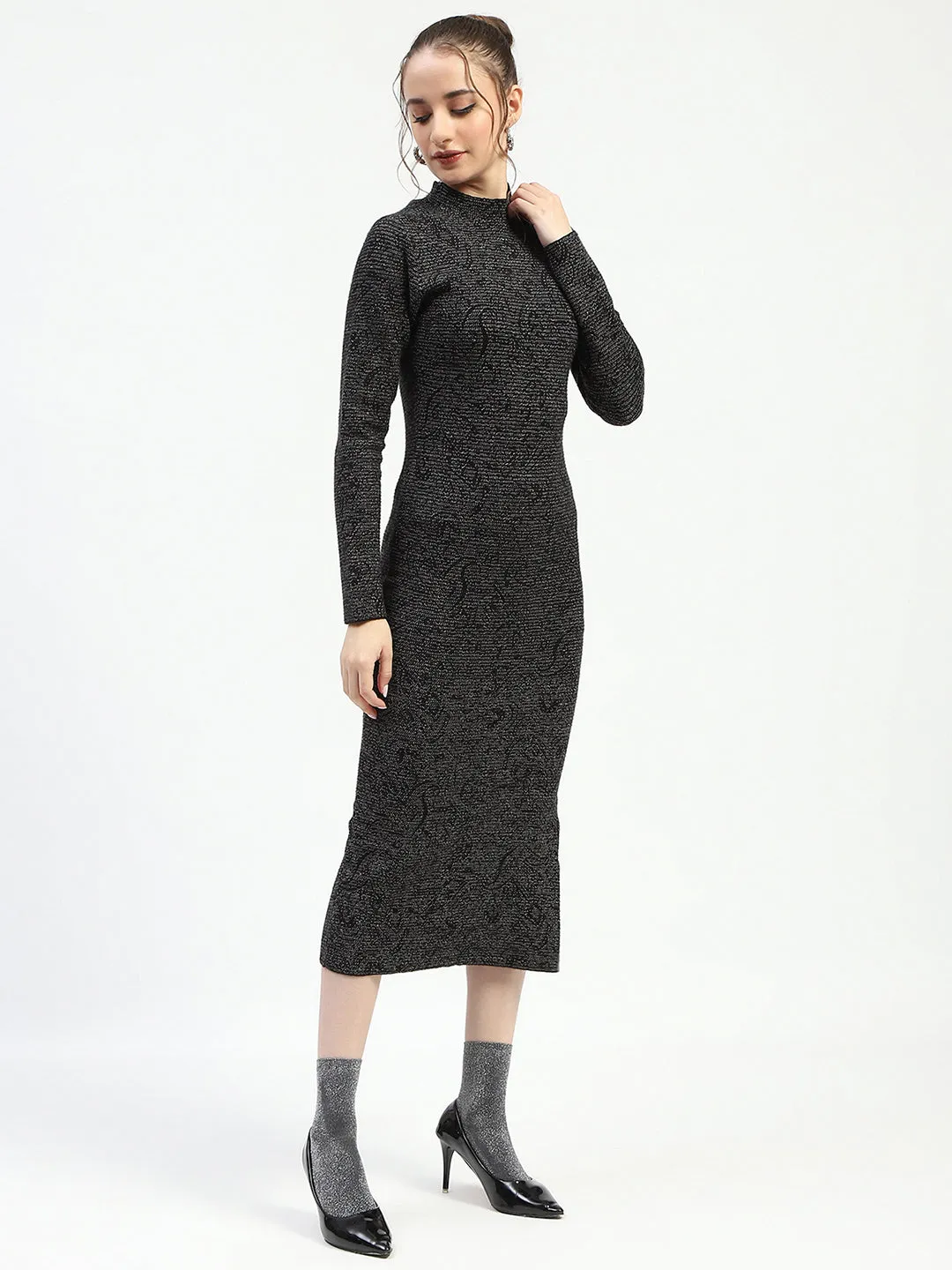 Madame Black Textured Bodycon Dress with Long Sleeves