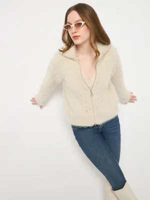 Madame Faux Fur Zip Collared Grey Sweater