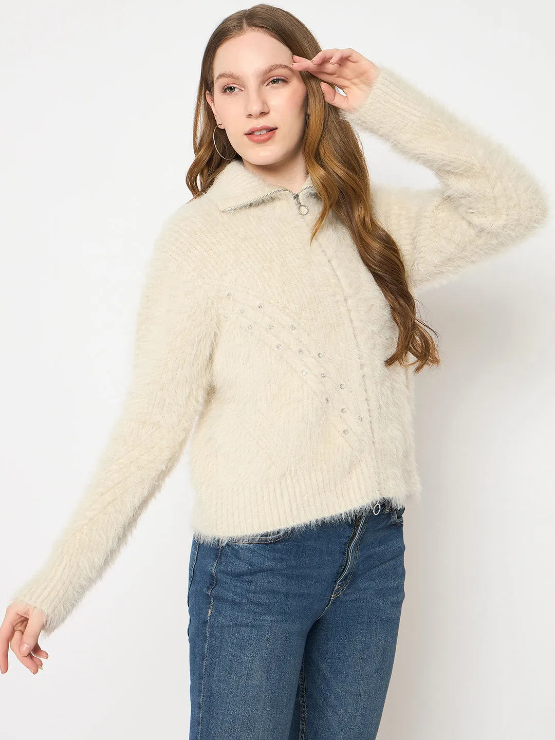 Madame Faux Fur Zip Collared Grey Sweater