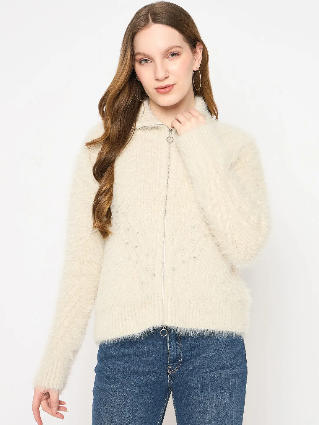 Madame Faux Fur Zip Collared Grey Sweater