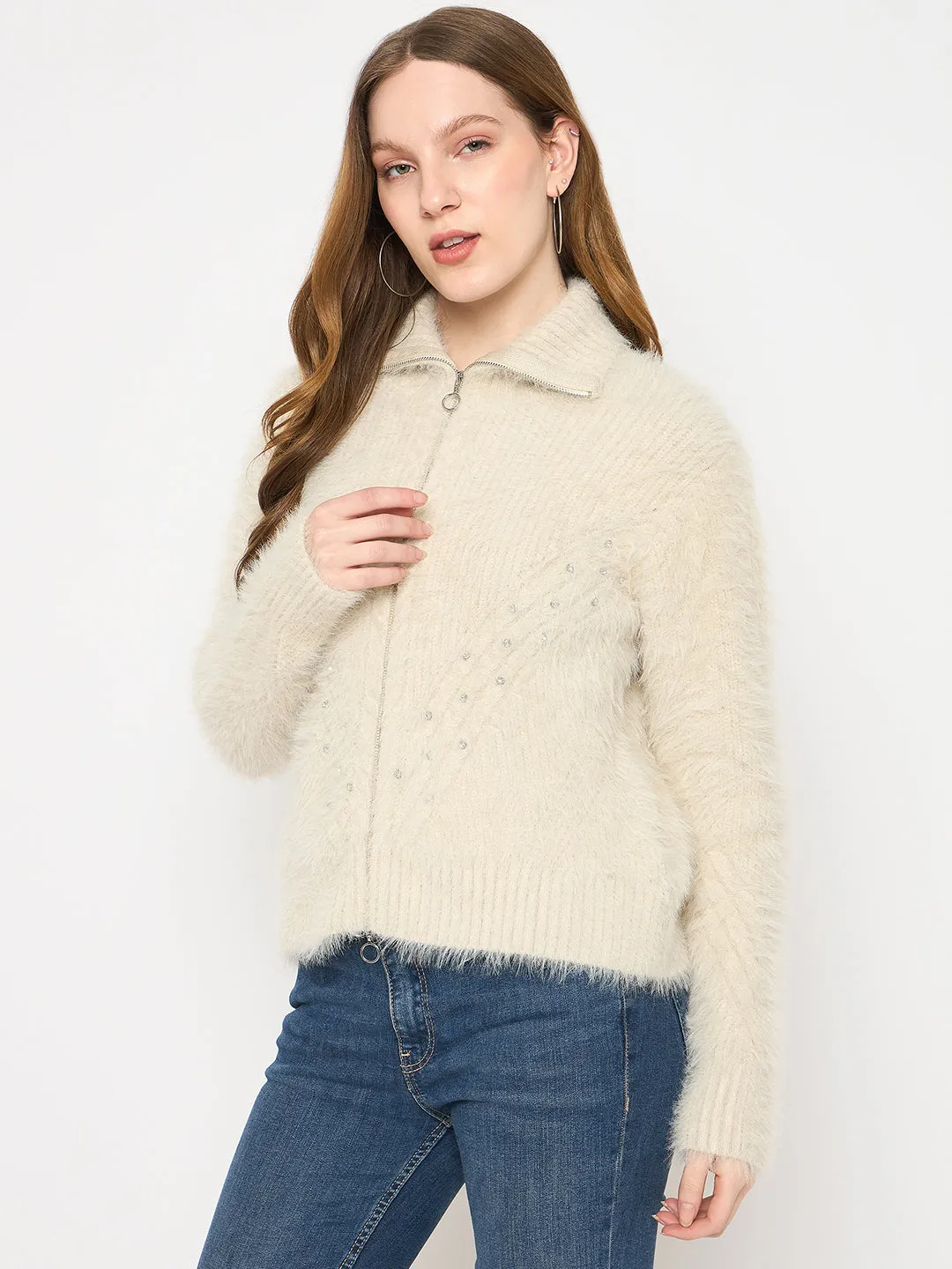 Madame Faux Fur Zip Collared Grey Sweater
