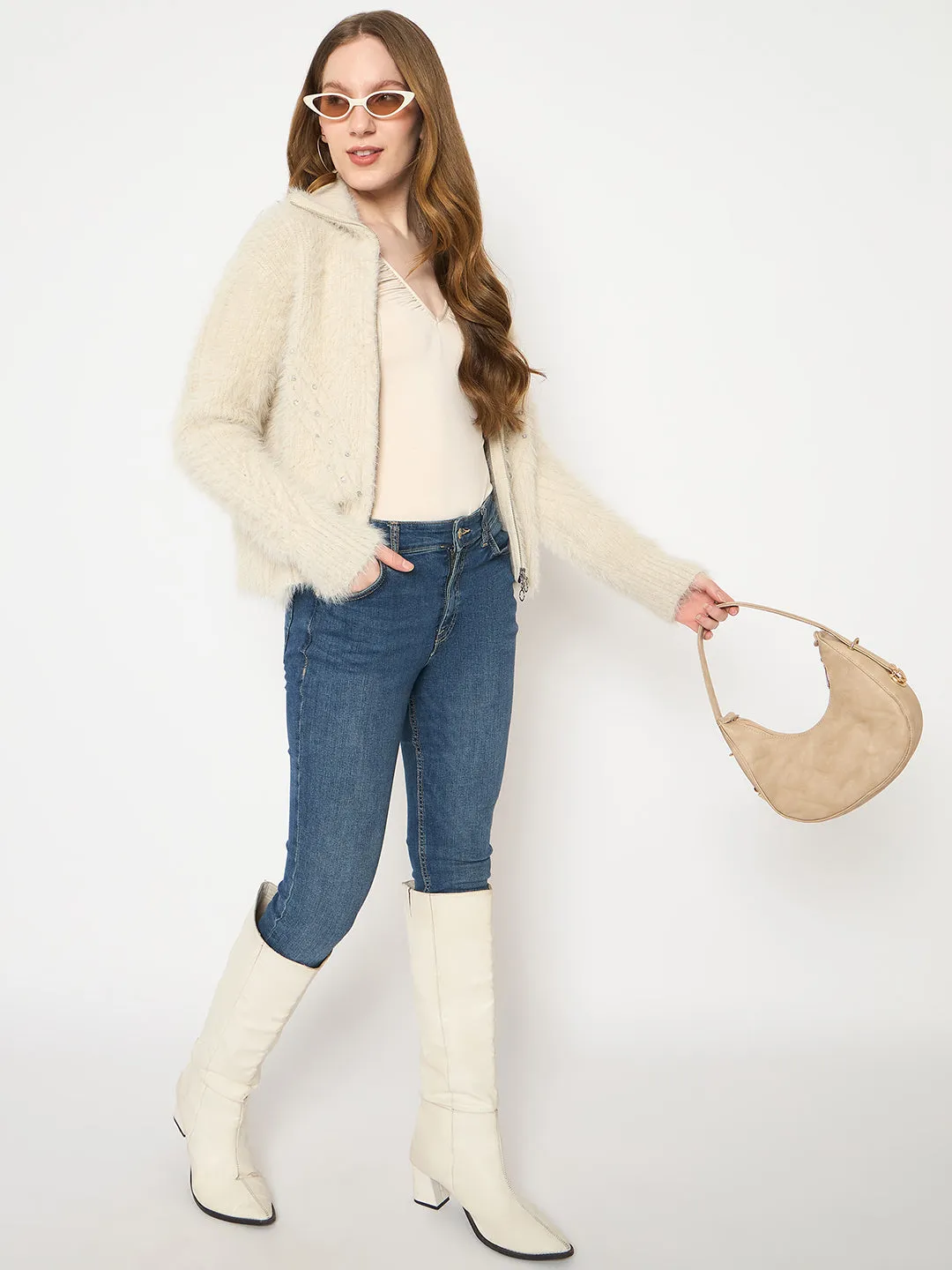 Madame Faux Fur Zip Collared Grey Sweater