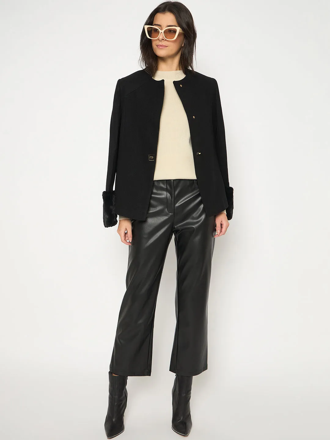 Madame Straight Fit Solid Black Faux Leather Trouser