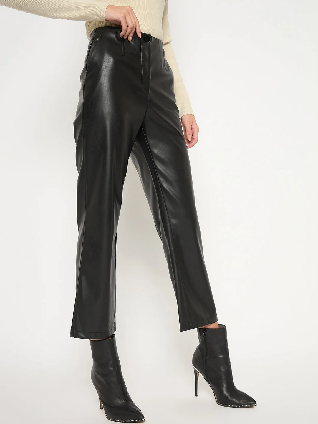 Madame Straight Fit Solid Black Faux Leather Trouser