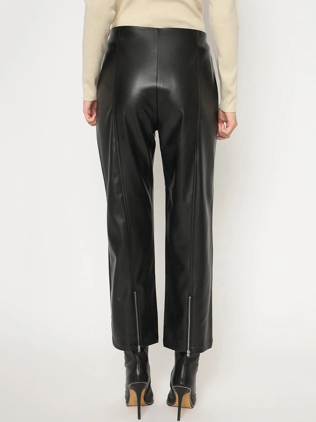 Madame Straight Fit Solid Black Faux Leather Trouser