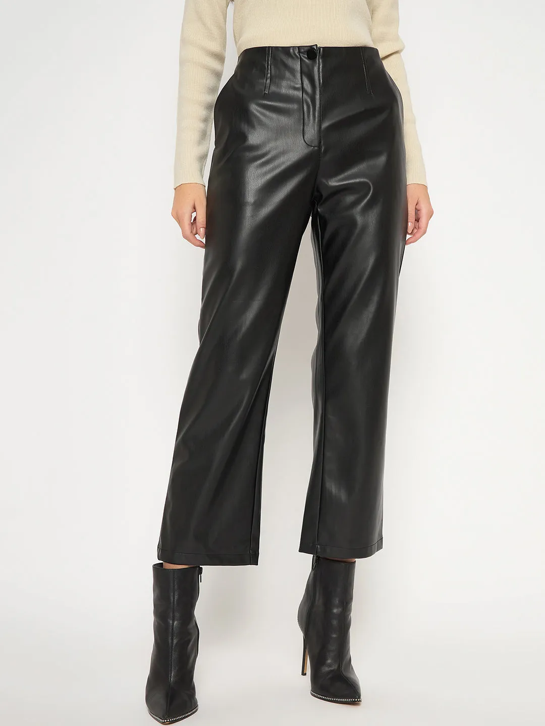 Madame Straight Fit Solid Black Faux Leather Trouser