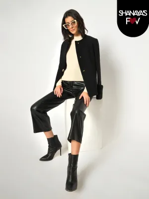 Madame Straight Fit Solid Black Faux Leather Trouser