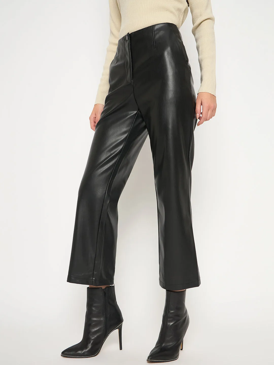 Madame Straight Fit Solid Black Faux Leather Trouser