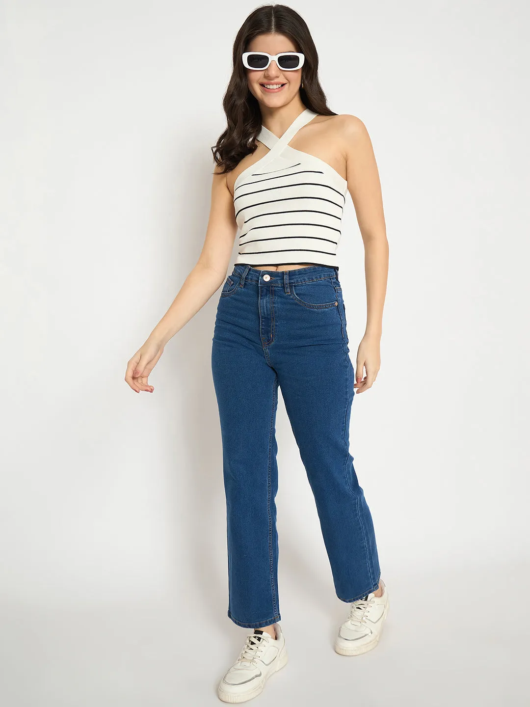 Madame Striped Halter Neck White Crop Top