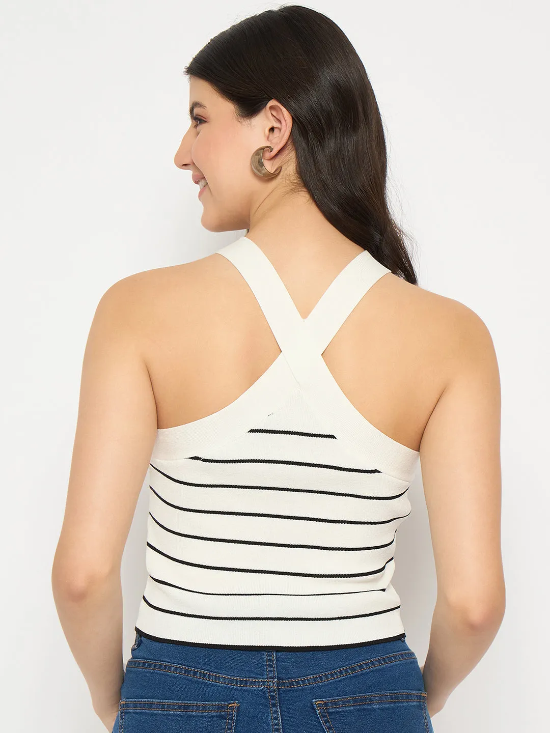 Madame Striped Halter Neck White Crop Top