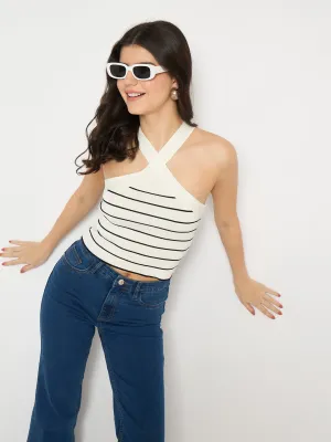 Madame Striped Halter Neck White Crop Top