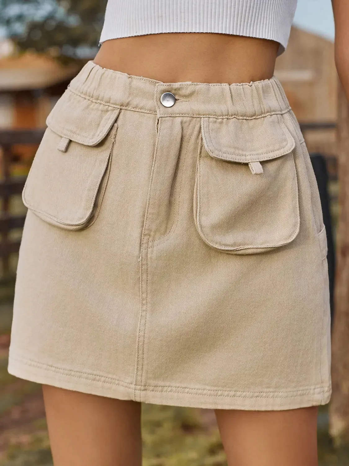 'Mariah' Elastic Waist Denim Skirt With Pockets