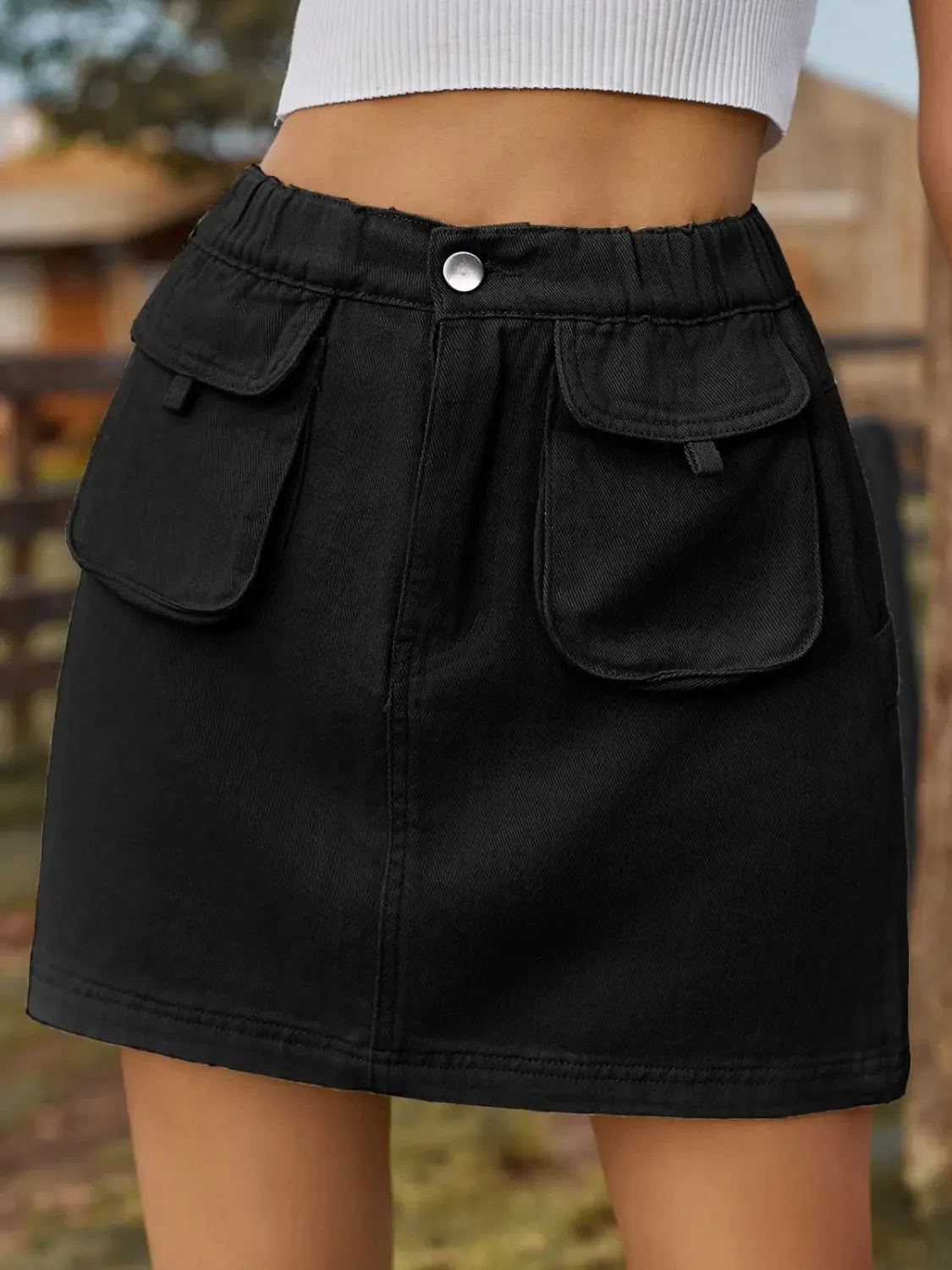 'Mariah' Elastic Waist Denim Skirt With Pockets