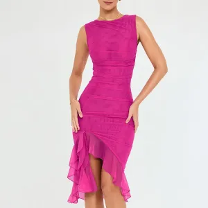 Marissa Sleeveless Ruched Sheer Overlay Bodycon Midi Dress