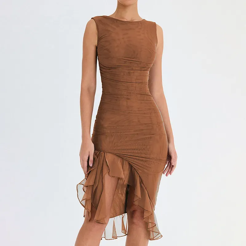 Marissa Sleeveless Ruched Sheer Overlay Bodycon Midi Dress