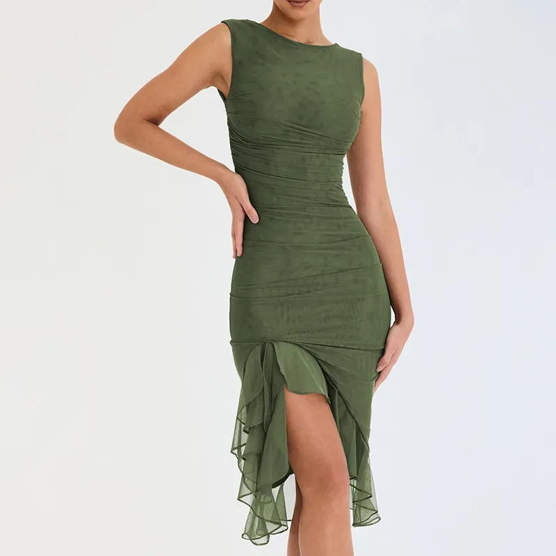 Marissa Sleeveless Ruched Sheer Overlay Bodycon Midi Dress