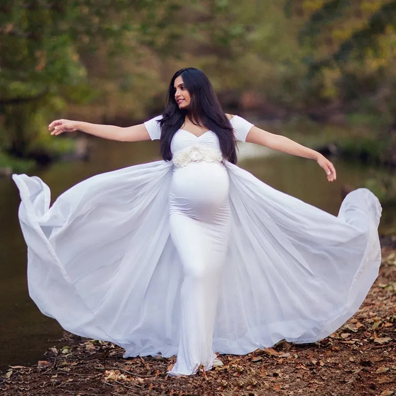 Maternity Long Dress with Chiffon Cloak Short Sleeve Sweet Heart