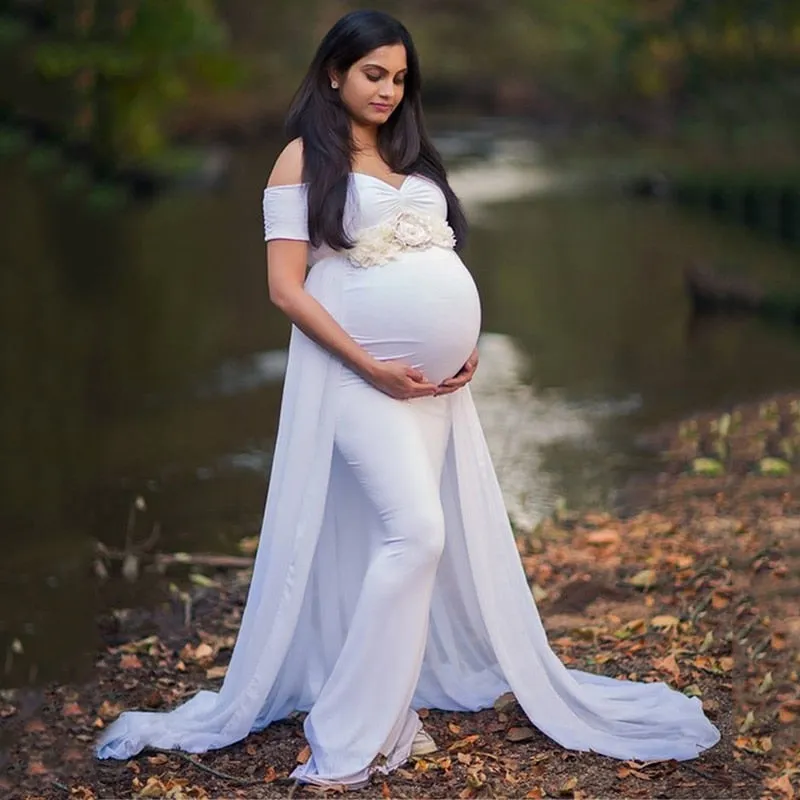 Maternity Long Dress with Chiffon Cloak Short Sleeve Sweet Heart
