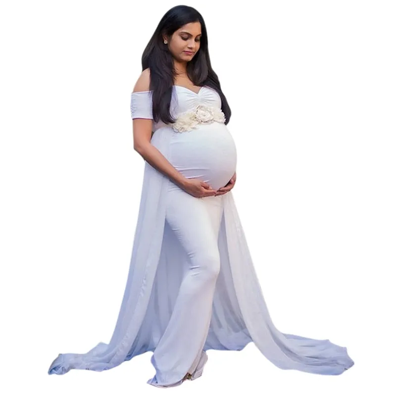 Maternity Long Dress with Chiffon Cloak Short Sleeve Sweet Heart