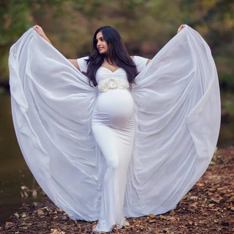 Maternity Long Dress with Chiffon Cloak Short Sleeve Sweet Heart