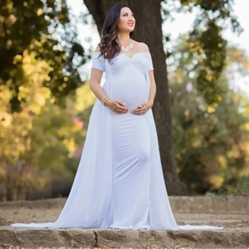 Maternity Long Dress with Chiffon Cloak Short Sleeve Sweet Heart