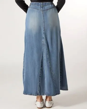 Memoi Ladies Denim Maxi Panel Skirt - Medium Wash CSK08979