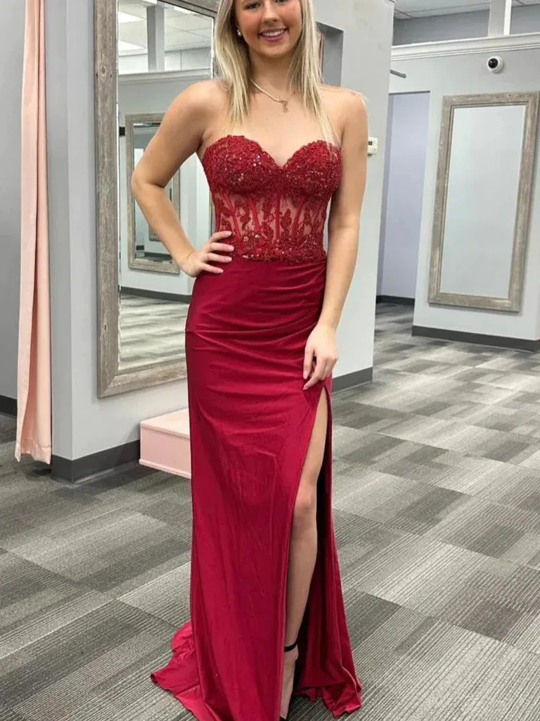 Mermaid Long Beaded Burgundy Lace Prom Dresses Strapless