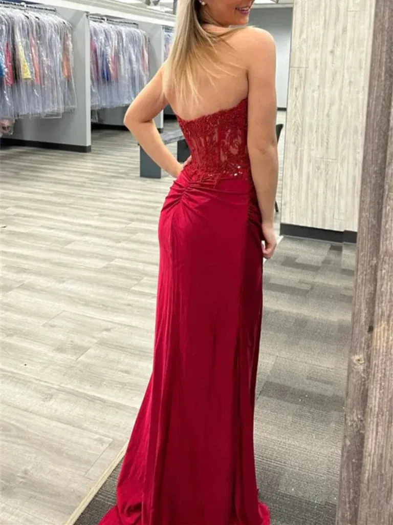 Mermaid Long Beaded Burgundy Lace Prom Dresses Strapless