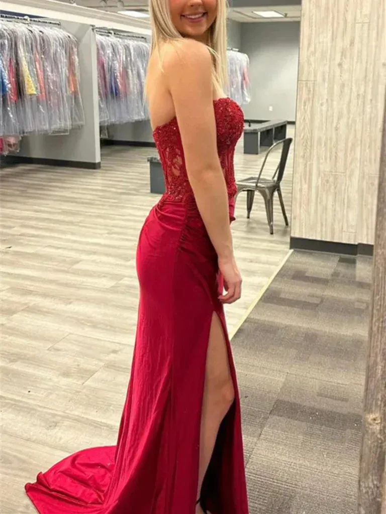 Mermaid Long Beaded Burgundy Lace Prom Dresses Strapless