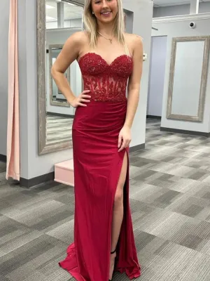 Mermaid Long Beaded Burgundy Lace Prom Dresses Strapless