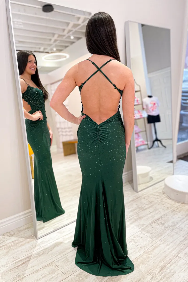 Mermaid Long Prom Dresses Hunter Green Straps Formal Dress Beaded