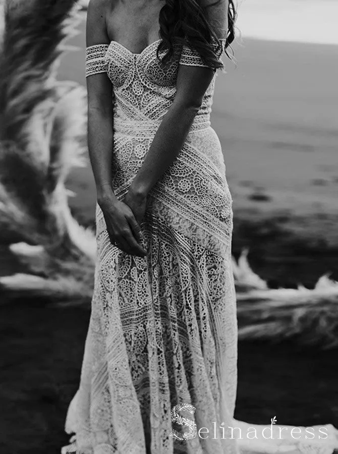Mermaid Off-the-shoulder Ivory Lace Beach Wedding Dress Rustic Boho Bride Gowns SEW003