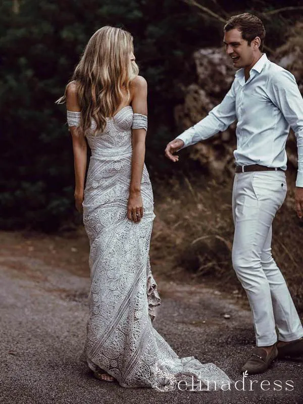 Mermaid Off-the-shoulder Ivory Lace Beach Wedding Dress Rustic Boho Bride Gowns SEW003
