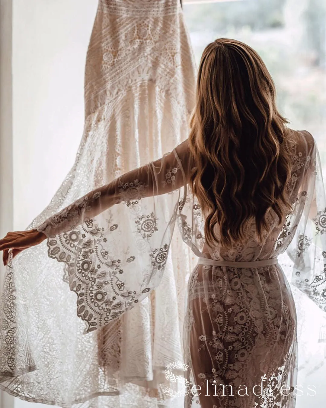 Mermaid Off-the-shoulder Ivory Lace Beach Wedding Dress Rustic Boho Bride Gowns SEW003