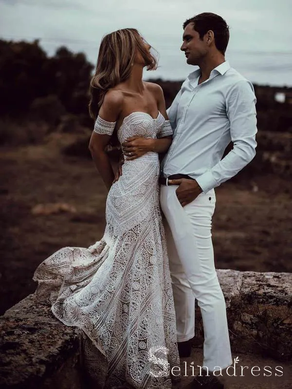 Mermaid Off-the-shoulder Ivory Lace Beach Wedding Dress Rustic Boho Bride Gowns SEW003