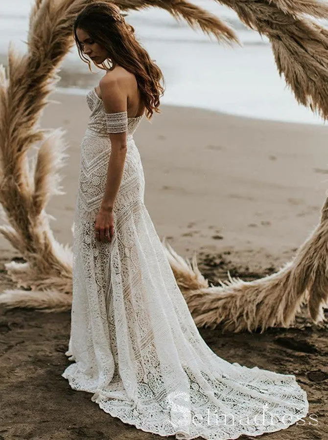 Mermaid Off-the-shoulder Ivory Lace Beach Wedding Dress Rustic Boho Bride Gowns SEW003