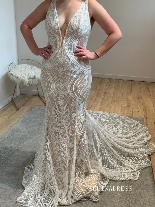 Mermaid V neck Boho Lace Wedding Dress Backless Rustic Informal Wedding Gown KTC050