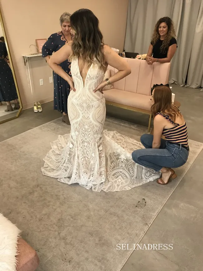 Mermaid V neck Boho Lace Wedding Dress Backless Rustic Informal Wedding Gown KTC050