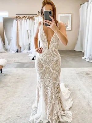 Mermaid V neck Boho Lace Wedding Dress Backless Rustic Informal Wedding Gown KTC050