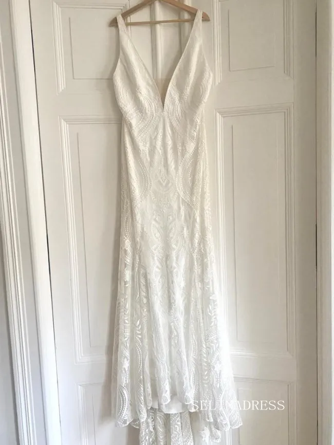 Mermaid V neck Boho Lace Wedding Dress Backless Rustic Informal Wedding Gown KTC050