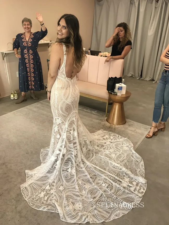 Mermaid V neck Boho Lace Wedding Dress Backless Rustic Informal Wedding Gown KTC050