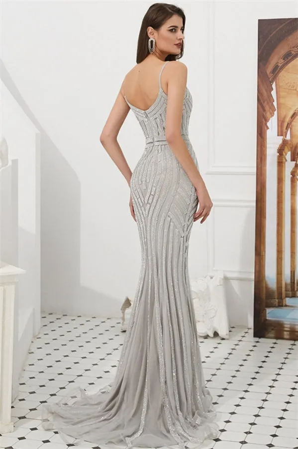 Mermaid V Neck Sequined Black Prom Dresses Spaghetti Straps