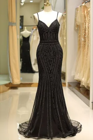 Mermaid V Neck Sequined Black Prom Dresses Spaghetti Straps