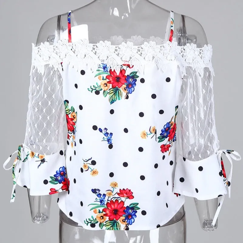 Mesh Shoulder Floral Print Blouse with Butterfly Sleeves