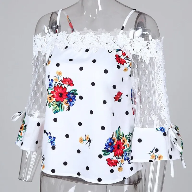 Mesh Shoulder Floral Print Blouse with Butterfly Sleeves